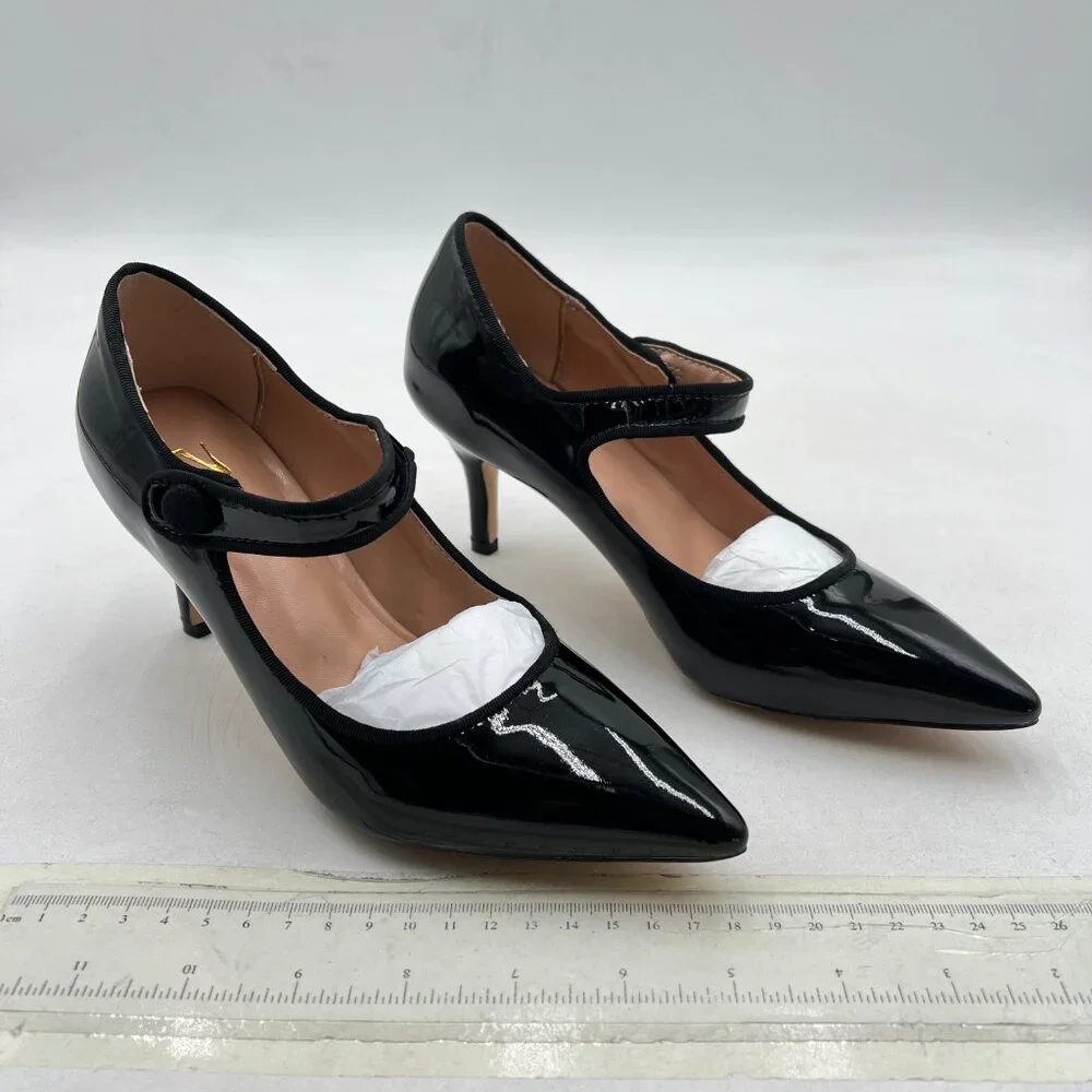 Zszszsu Black Mary Jane Pump Pointed Toe Mid Heels Ankle Strap Dress Shoes_4
